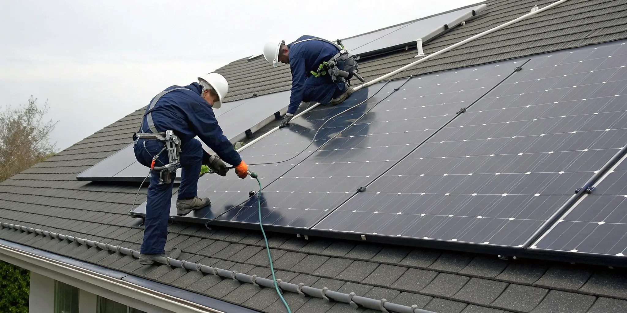 Professionals completing a home solar panel installation on a roof.