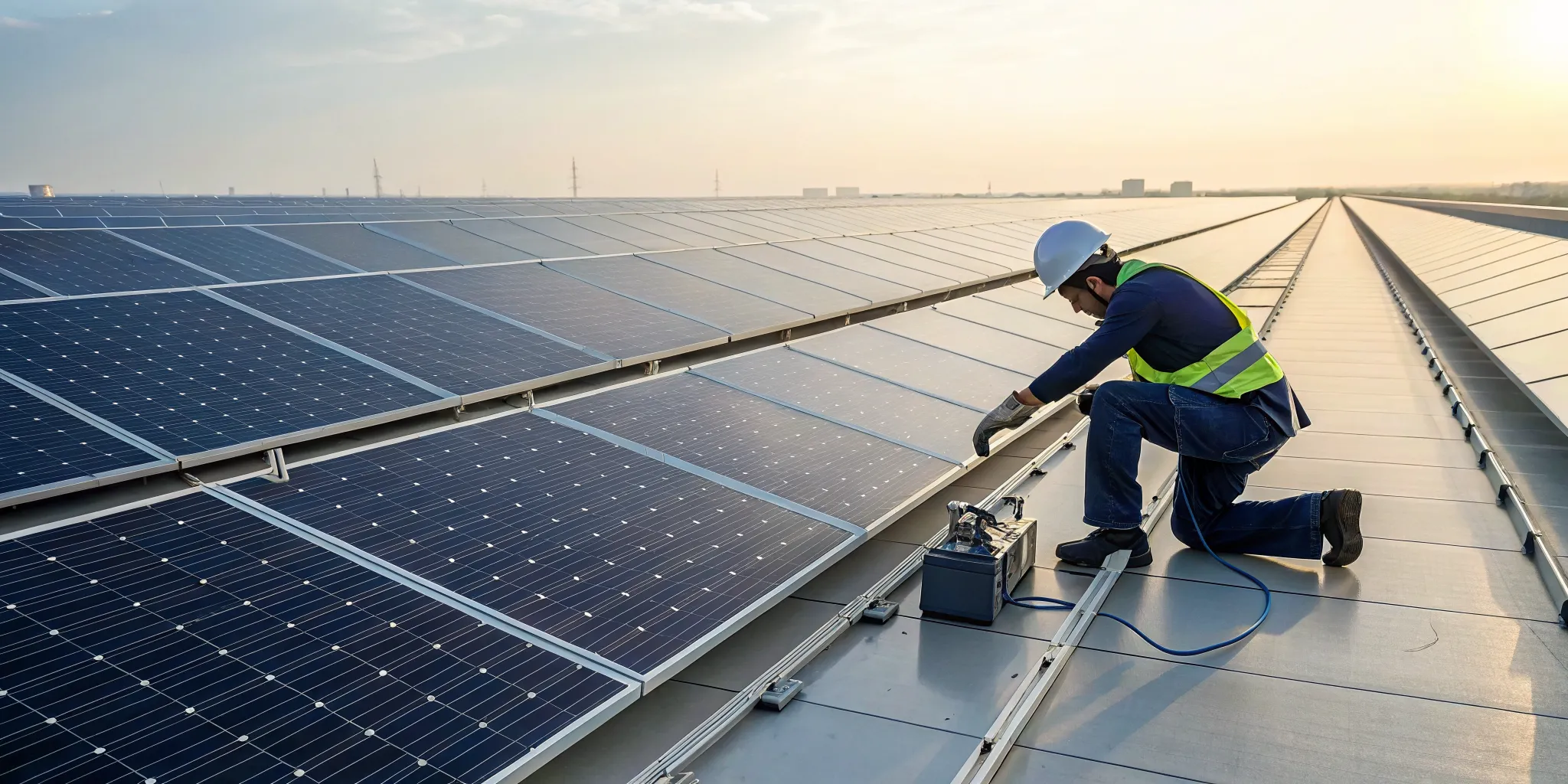 Technician performing solar panel maintenance on a rooftop.