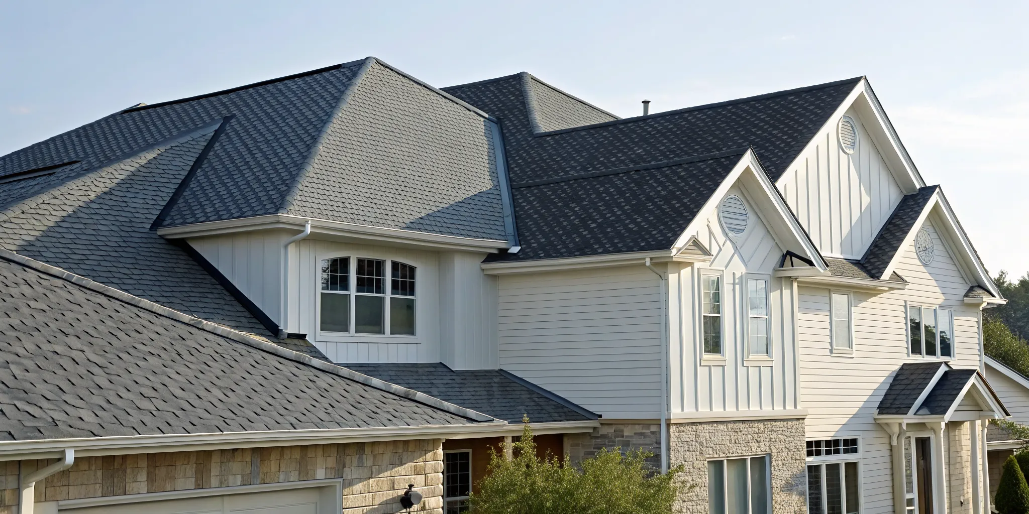 Cool roof shingles on a modern home, reflecting sunlight to lower energy costs.