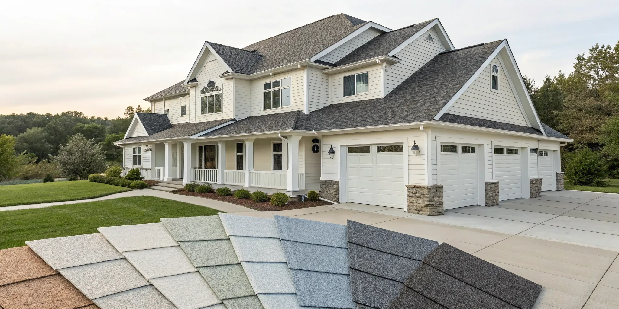 Cool roof shingles in various colors on a home's rooftop.