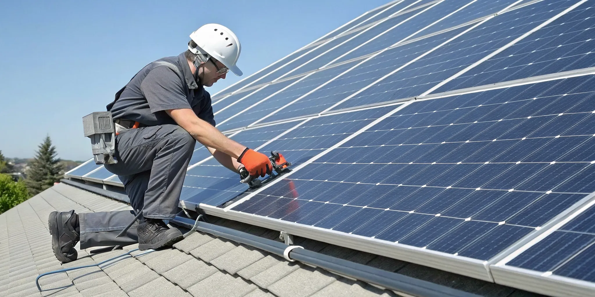 Technician on a roof performing a residential solar panel repair.