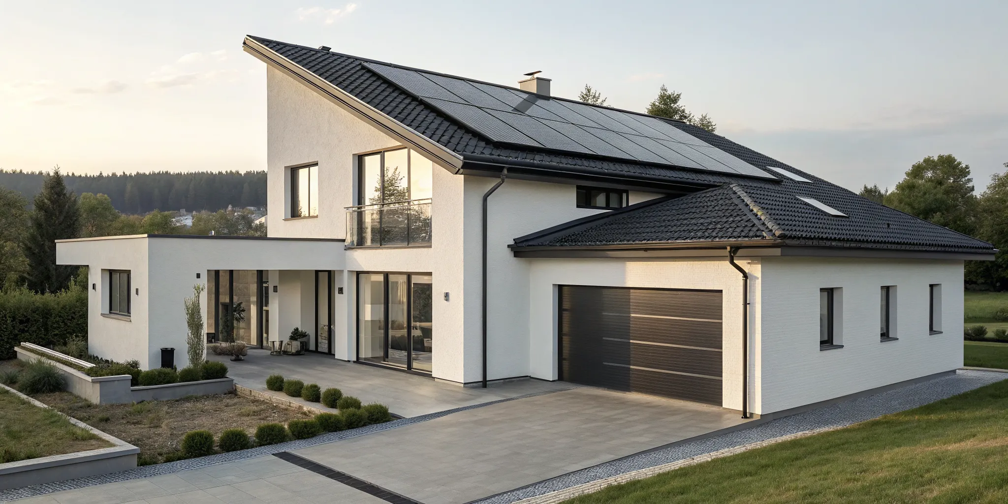 Solar energy system with panels on the roof of a modern home.