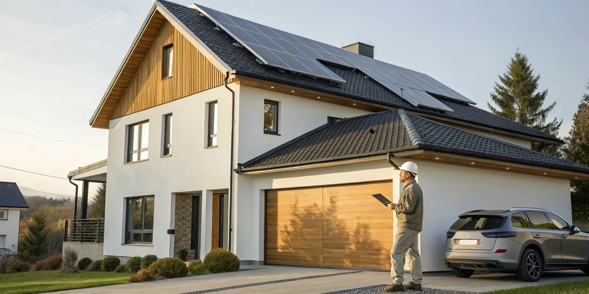 Technician inspecting a new solar panel system installation on a modern home.