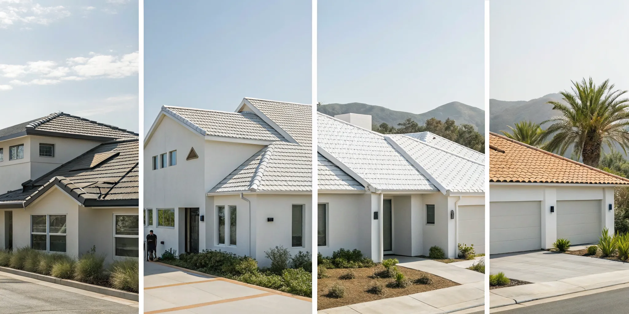 Types of cool roofs like shingles, metal, and tiles on a modern California home.