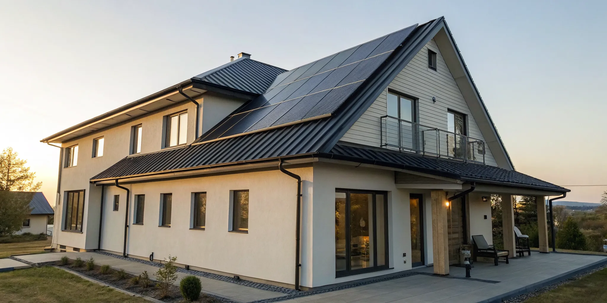 Solar panels on a house roof generating electrical energy from sunlight.