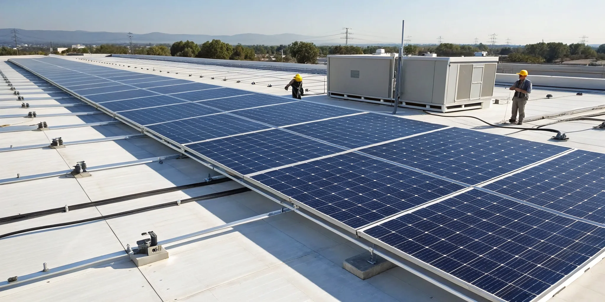 Commercial solar panel installation on a rooftop, a key component of the final cost.
