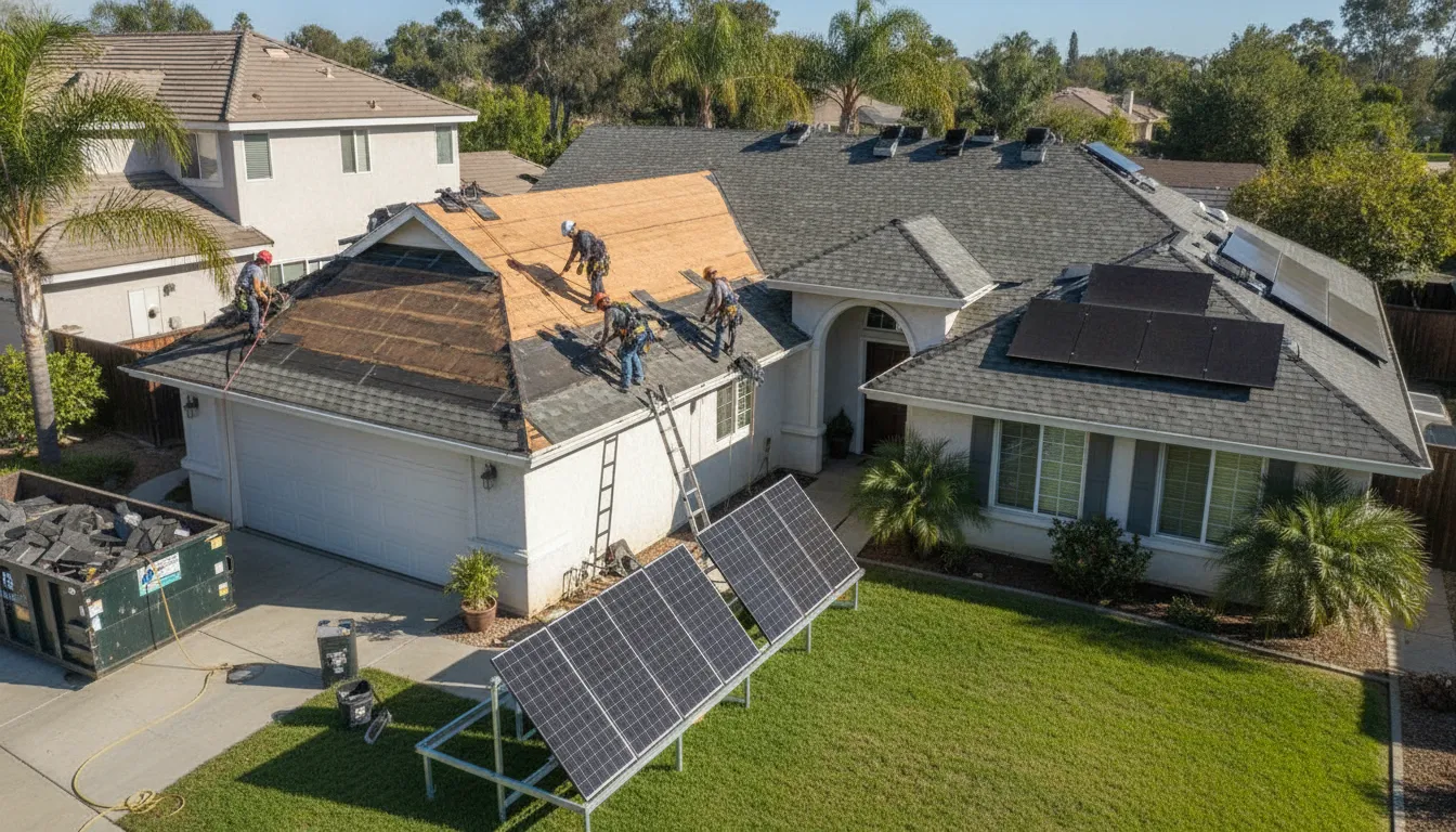 Crew coordinating solar panel removal for a roof replacement on a California home
