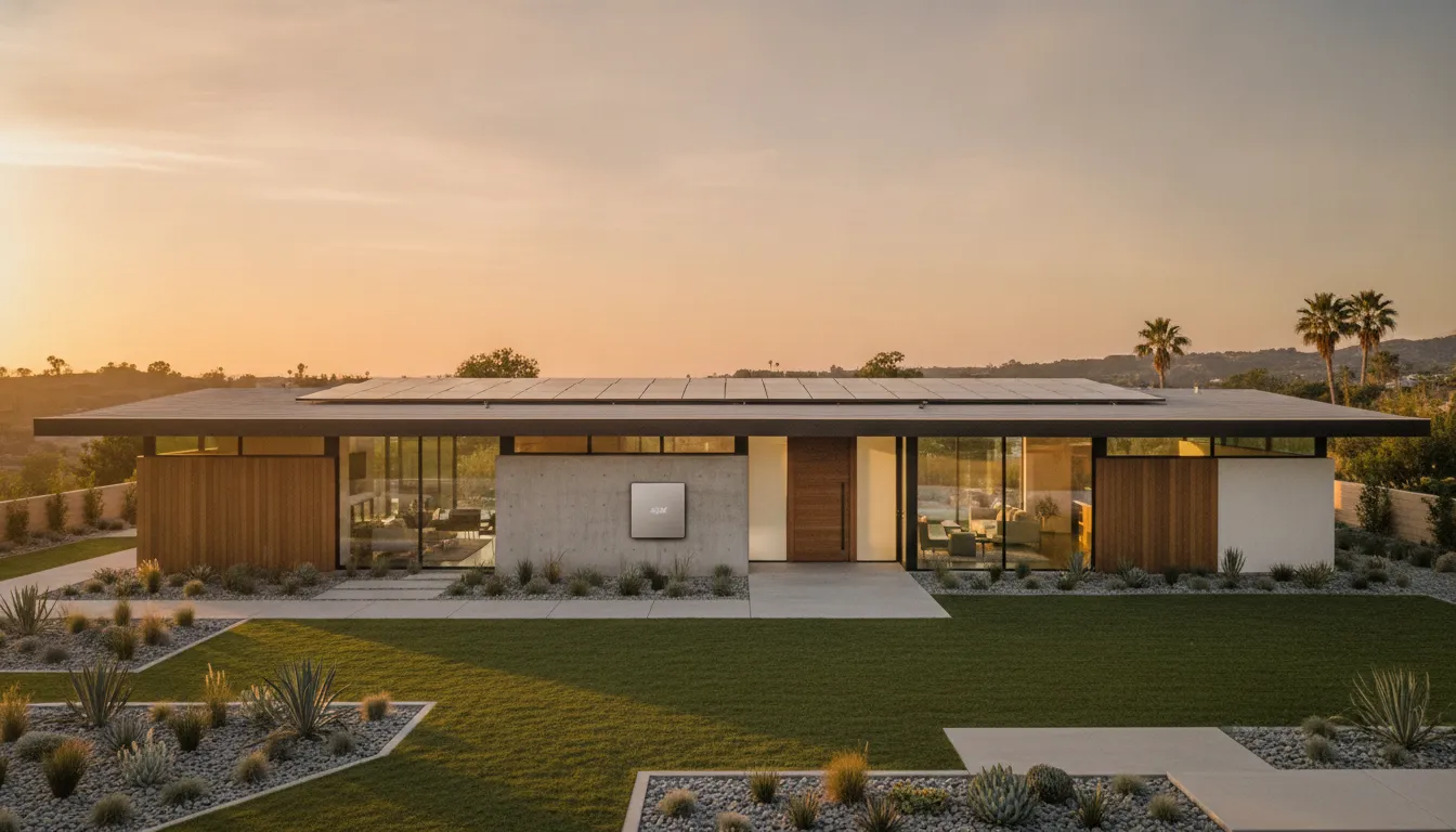 California home with rooftop solar panels and battery storage