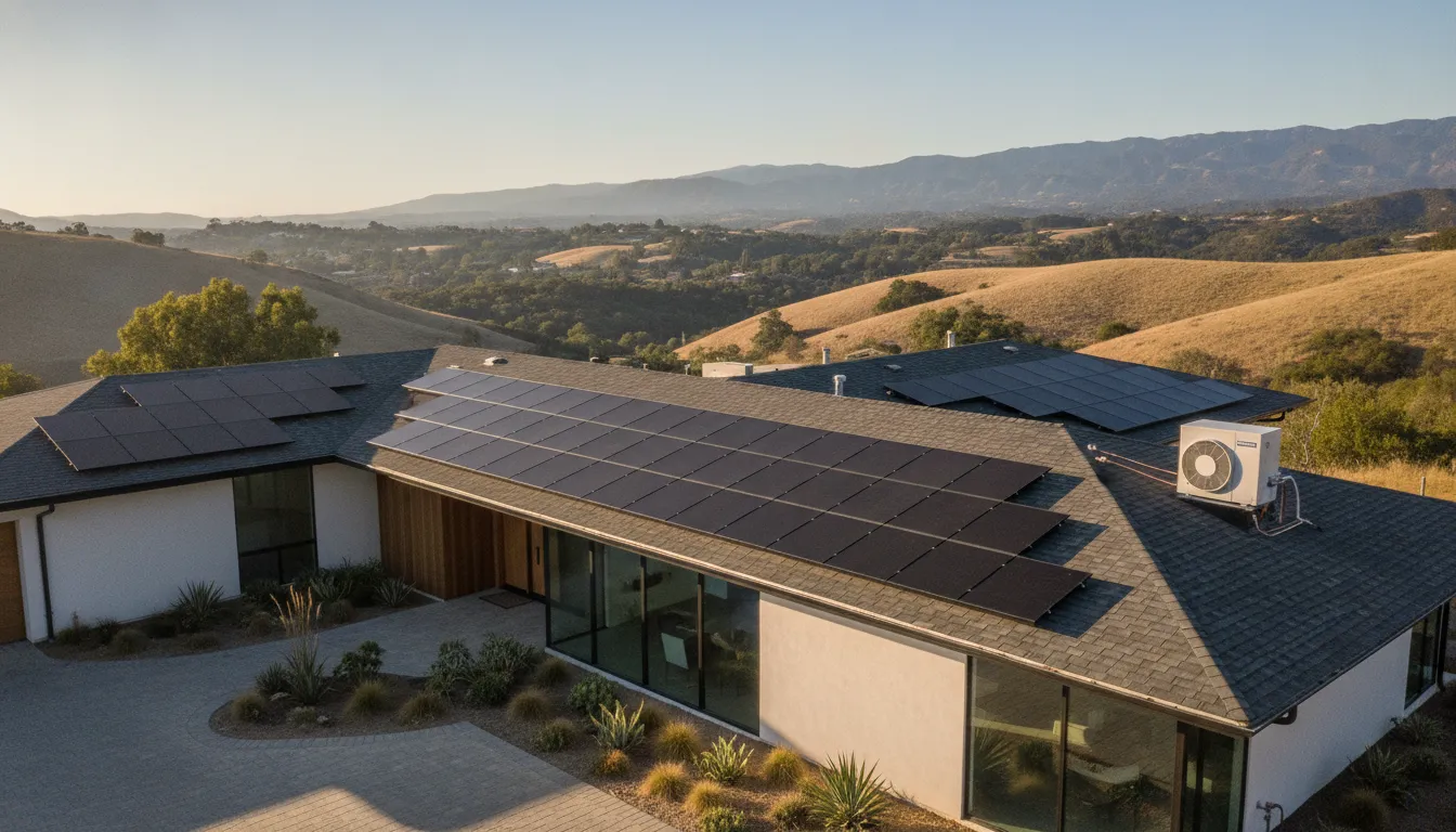 California home with rooftop solar panels and a heat pump