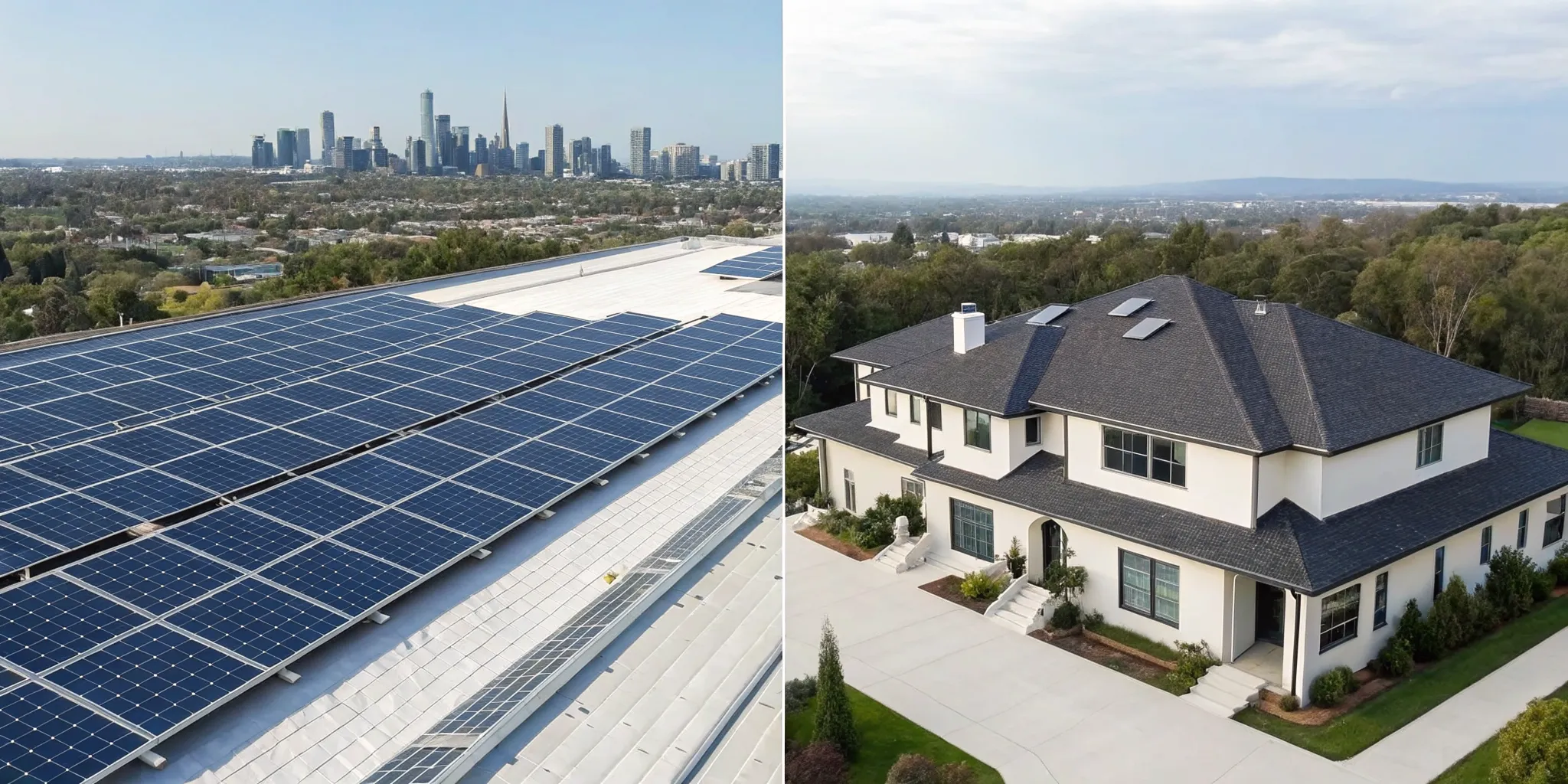 Commercial vs residential solar panels on a business rooftop and a house.