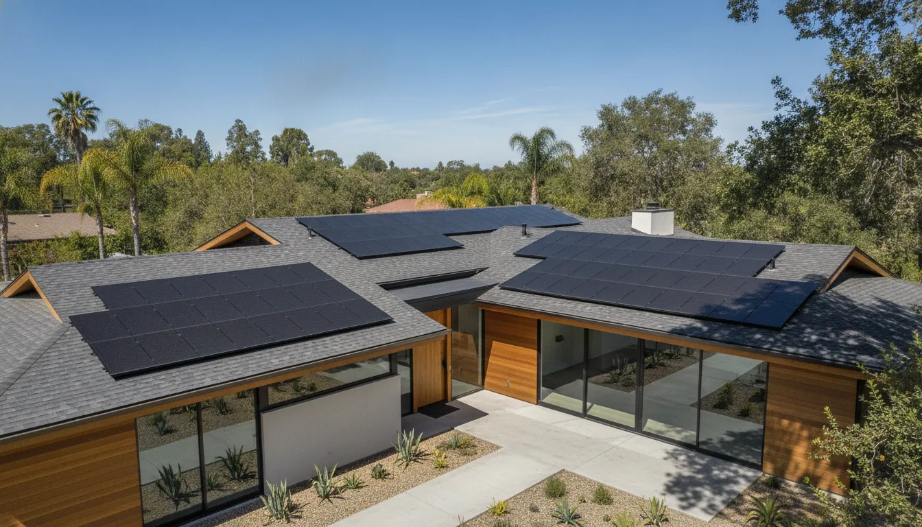 Modern home in California featuring integrated charcoal roofing shingles and highly efficient black solar panel array