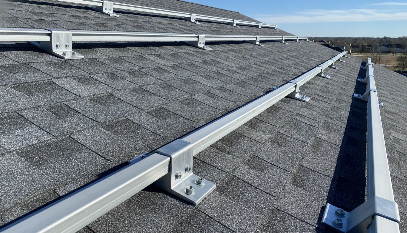 Close-up of secure metal mounting brackets for solar panels on a premium asphalt shingle roof