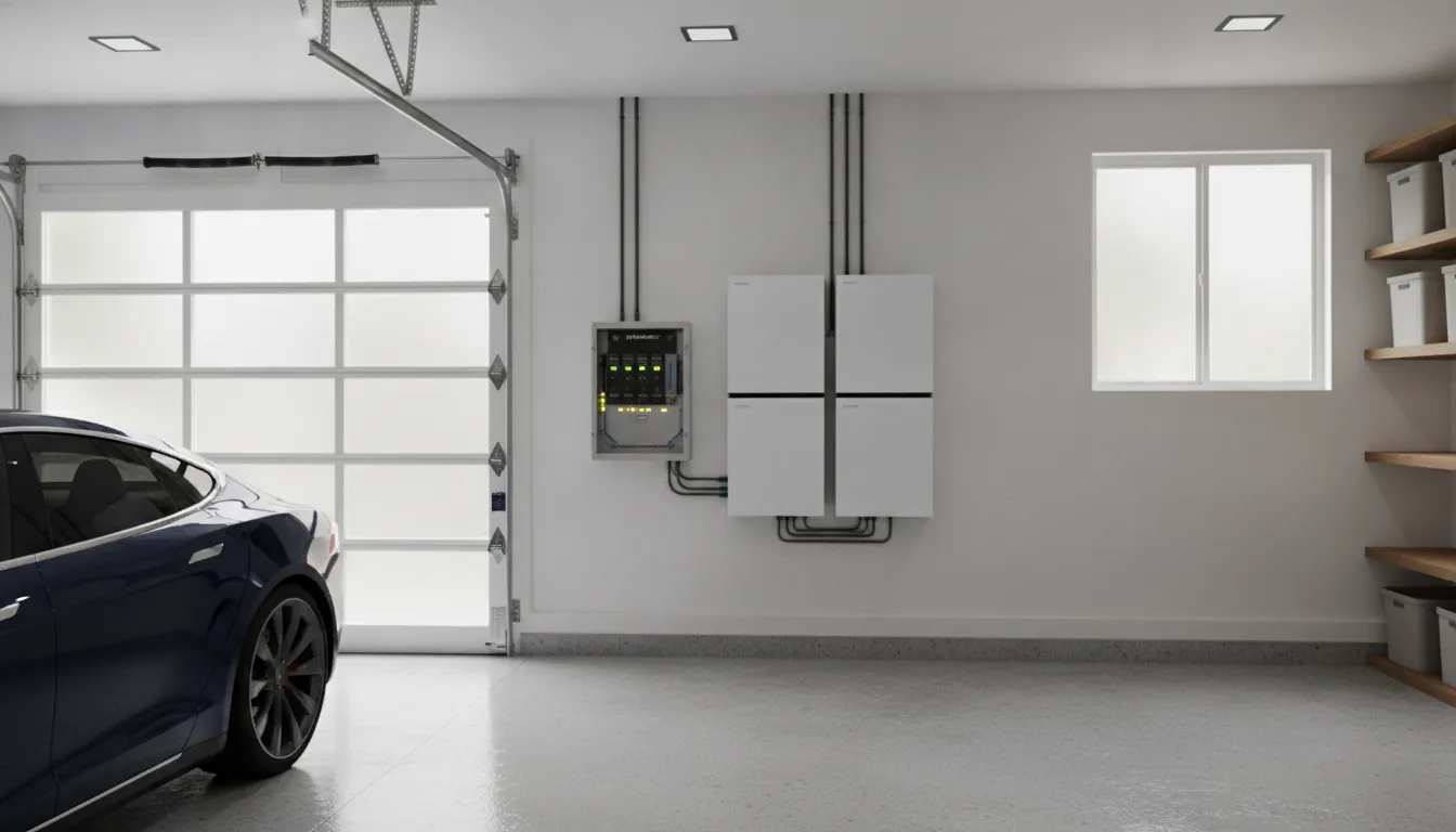 Sleek home solar battery storage system like Tesla Powerwall and Enphase IQ installed inside a bright clean garage