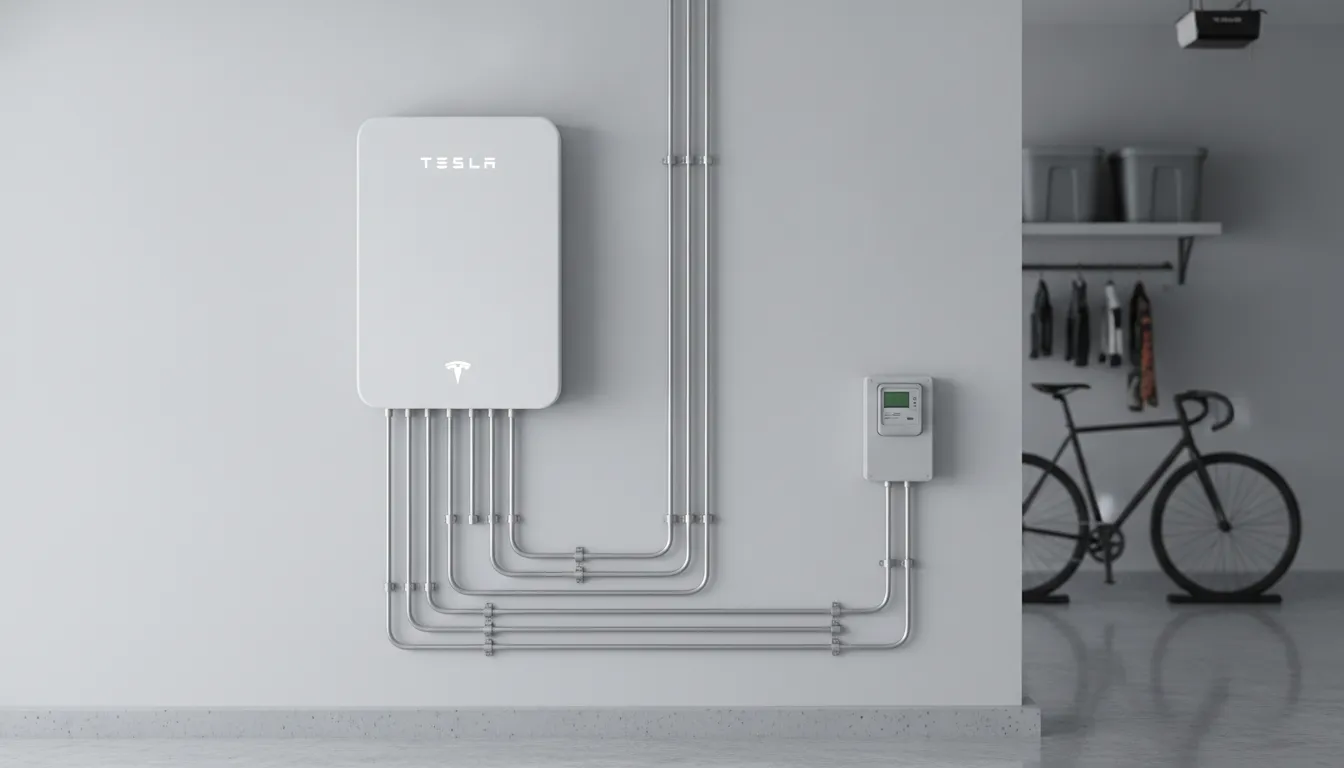 Tesla Powerwall 3 battery backup system mounted on a clean garage wall with organized residential conduit