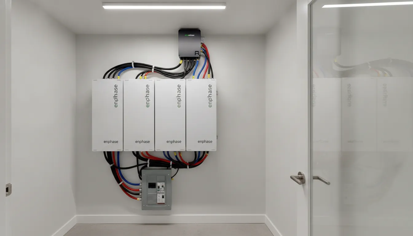 Modular Enphase IQ Battery 5P system installed inside a modern home utility room with professional wiring layout