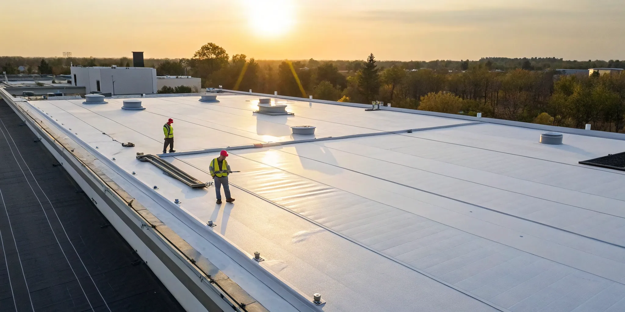 Workers completing a cool roof installation, a key factor in the project's final cost.