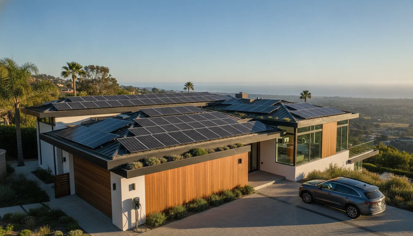 Modern California home with solar panels on the roof under bright sunshine