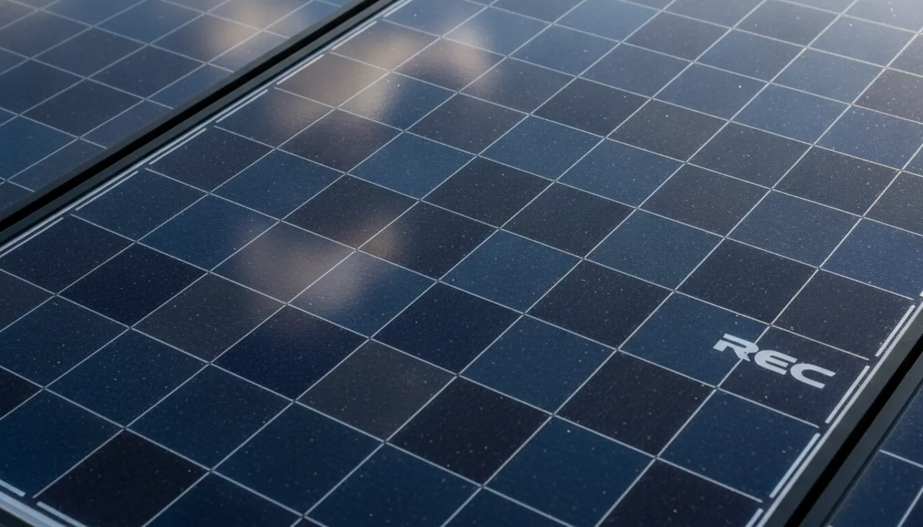 Close-up view of a modern REC solar panel surface showing advanced photovoltaic cell architecture