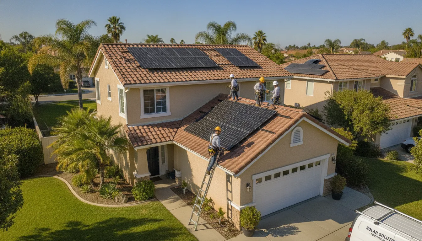 Professional solar installers mounting REC panels on a California residential roof during a clear sunny day