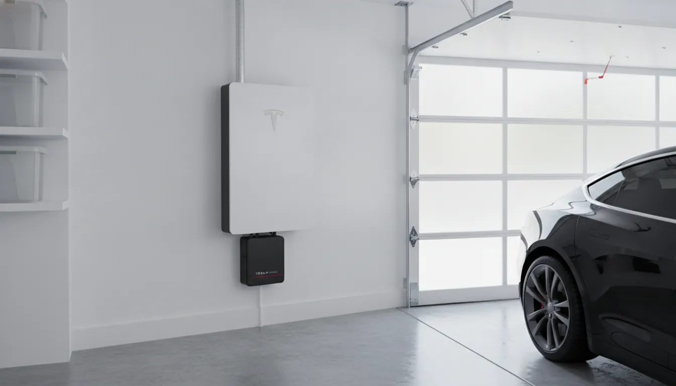 Tesla Powerwall 3 installed on a wall in a modern California garage with professional mounting