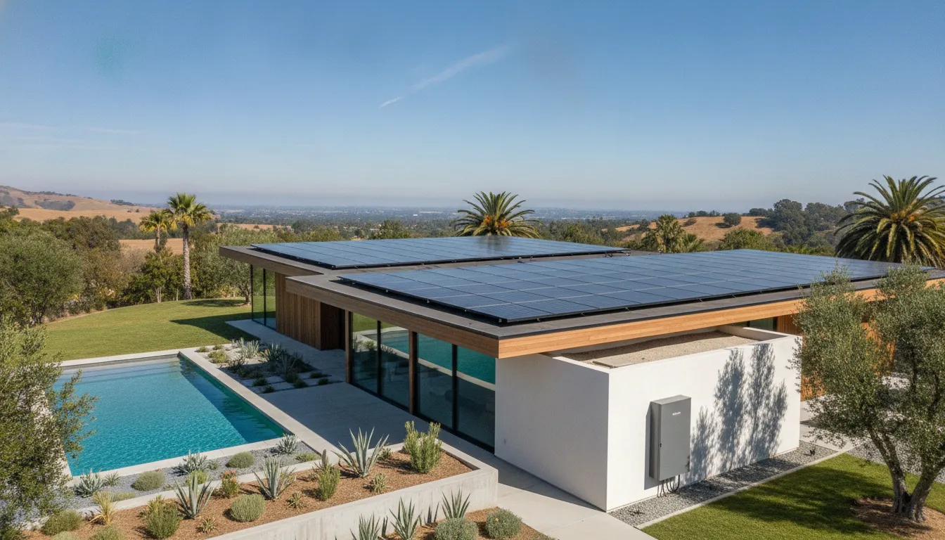 California home with solar panels and whole-home battery backup system under clear sky