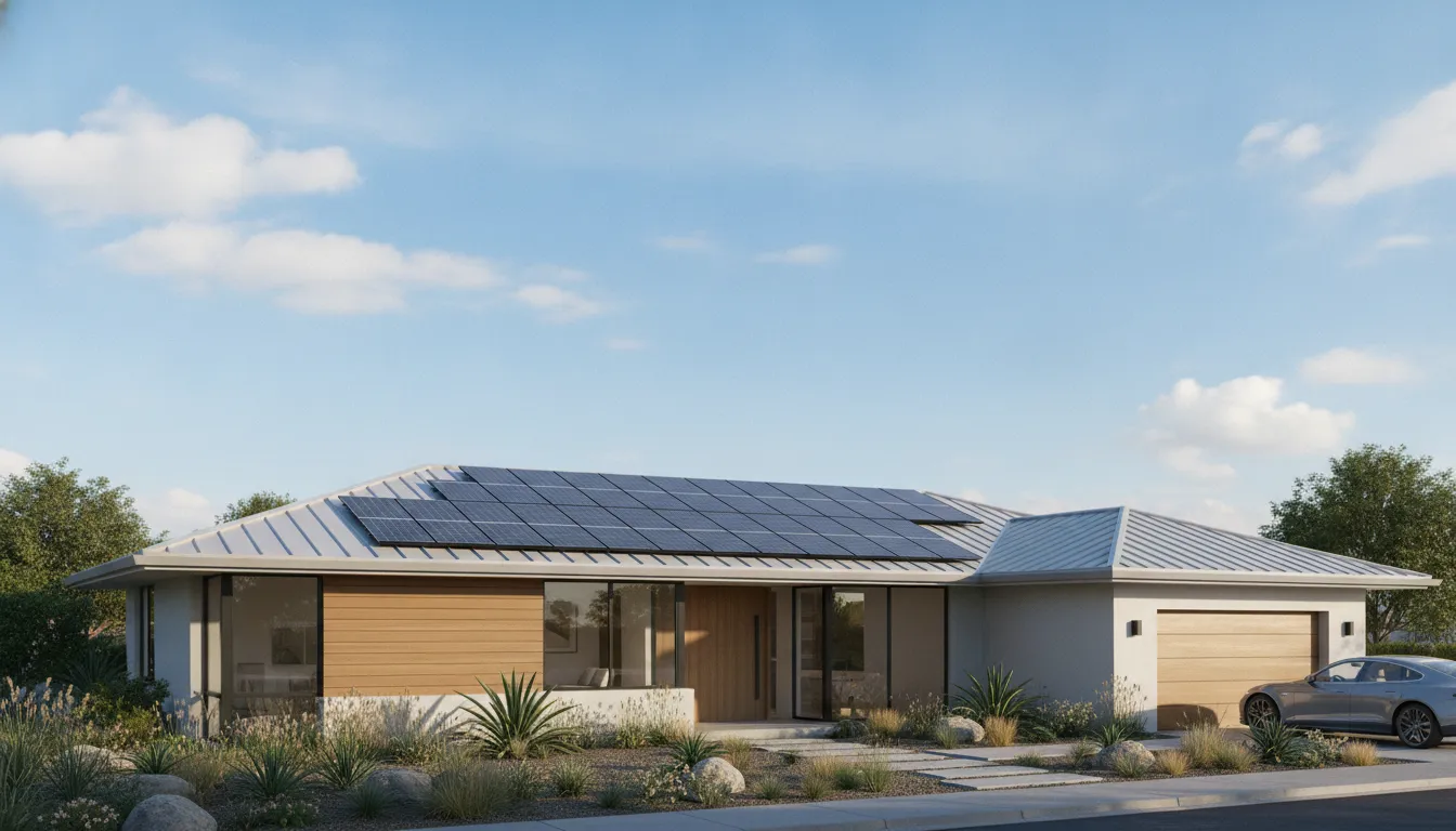 Solar panels installed on a cool roof in California with modern energy efficient roofing