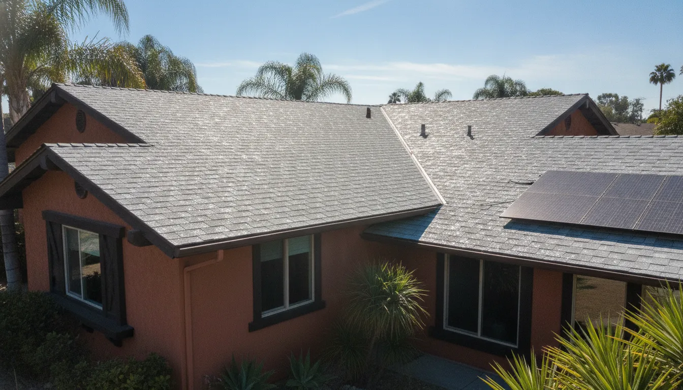 Cool roof shingles installed on a California home showing reflective granule technology