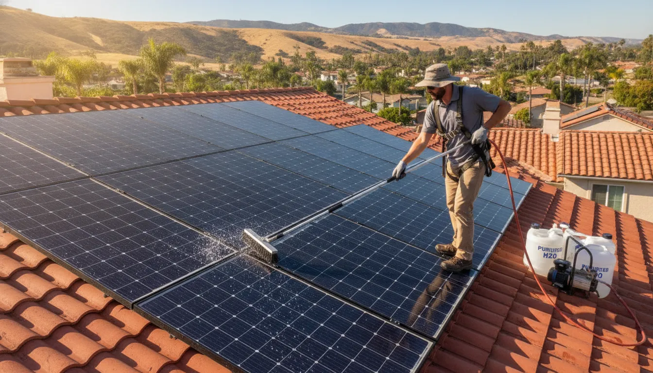 Professional solar panel technician cleaning panels on a California home roof