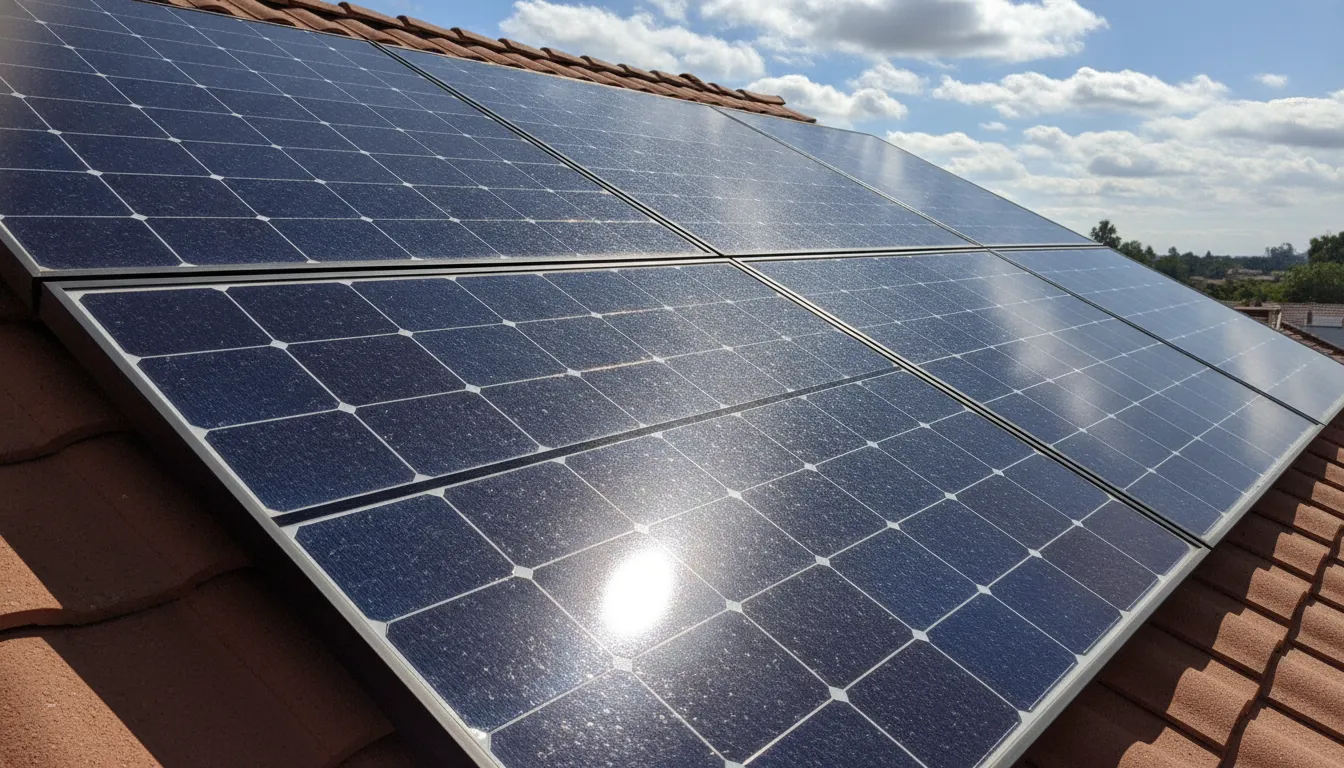 Clean solar panels on a California home roof reflecting sunlight with sparkling clear glass surface and blue sky