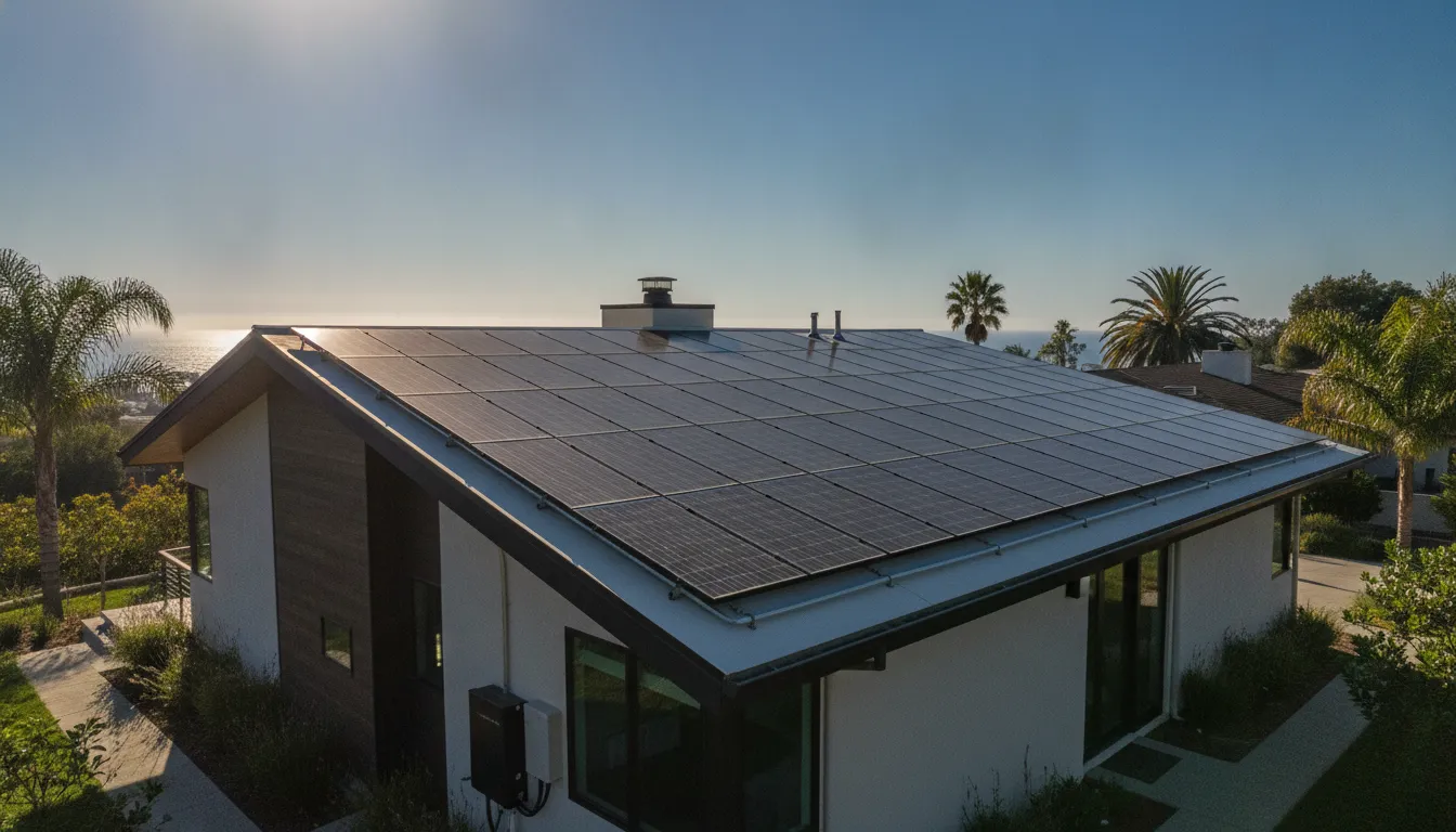 Solar panels installed on a California home rooftop with blue sky and sunlight