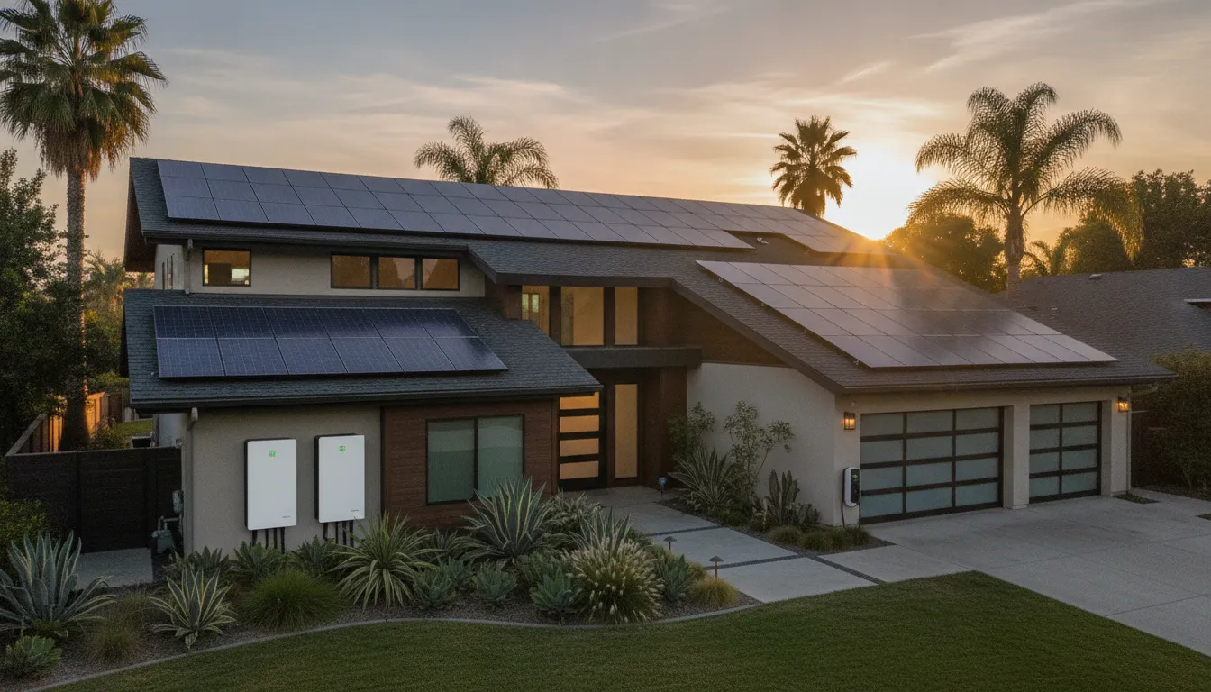 California home with solar panels and battery storage at sunset illustrating time-of-use energy savings