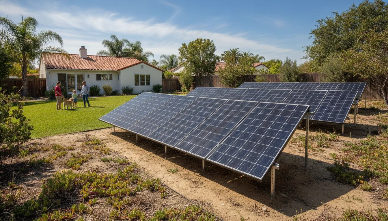 Ground-mounted solar panels in a California residential backyard