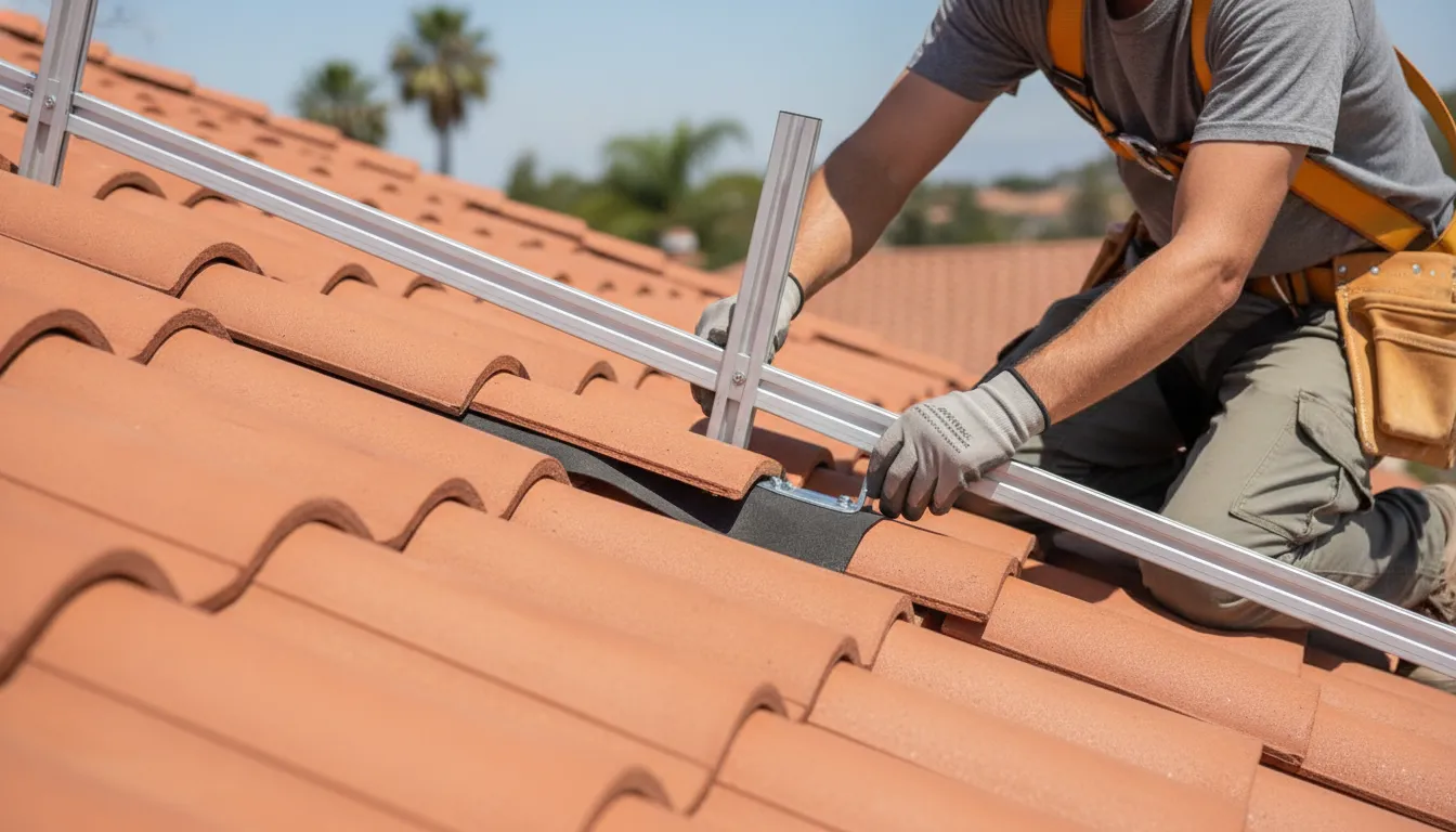 Solar installer placing a compression mount between clay roof tiles on a California home