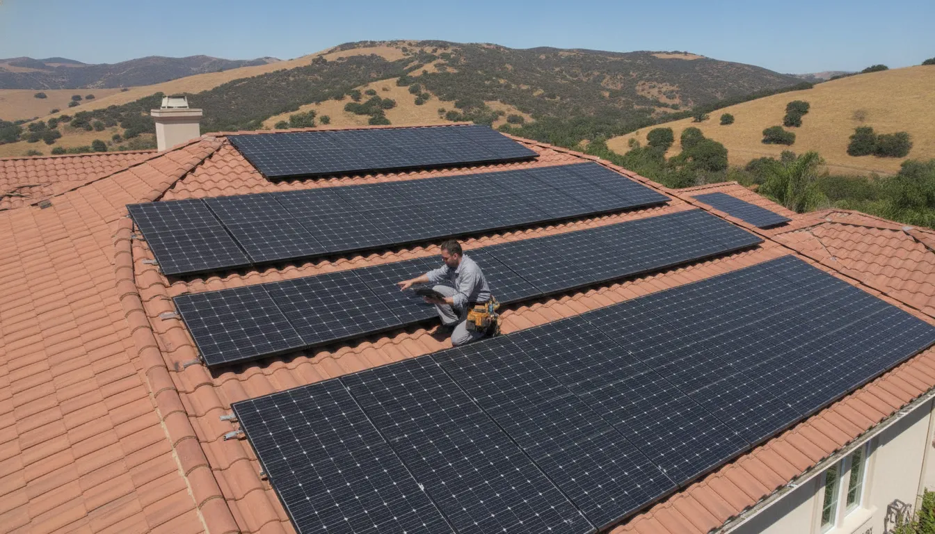Aerial view of solar panels on a California home with technician examining equipment