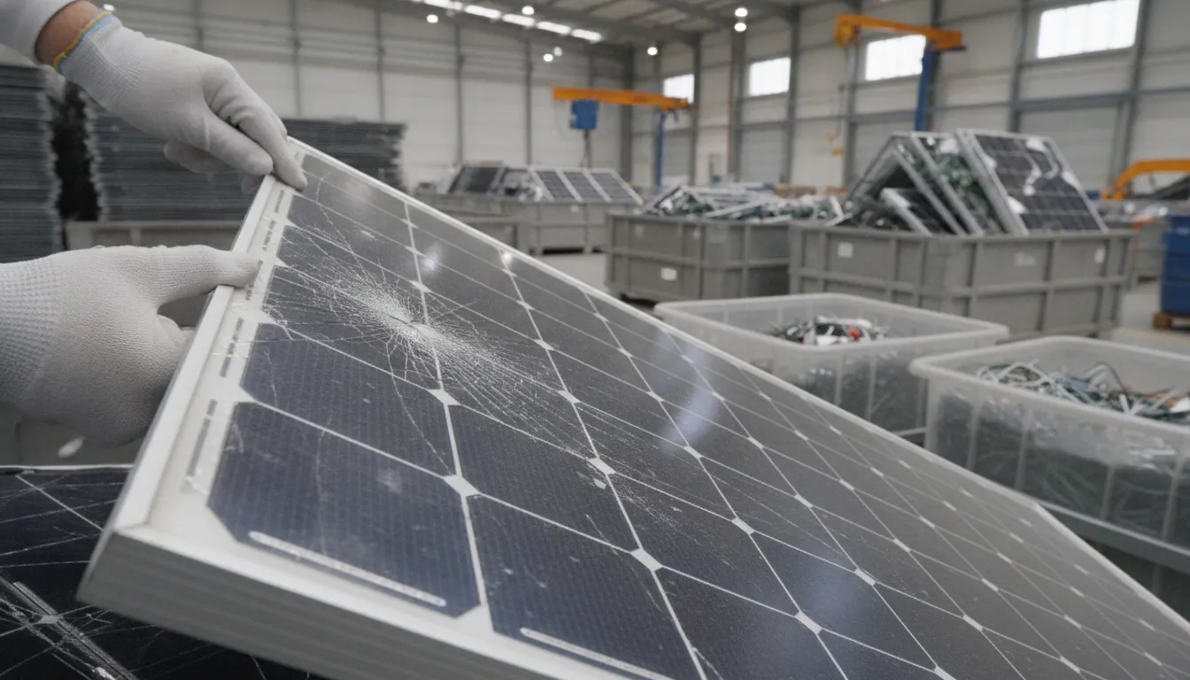 Technician inspecting a decommissioned solar panel for material recovery evaluation at a recycling facility