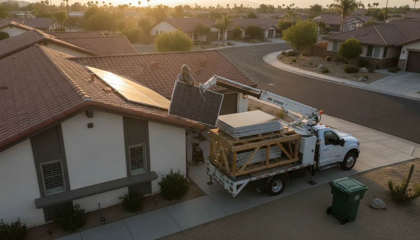 Solar installation worker loading retired photovoltaic panels onto a recycling transport pallet at a California home