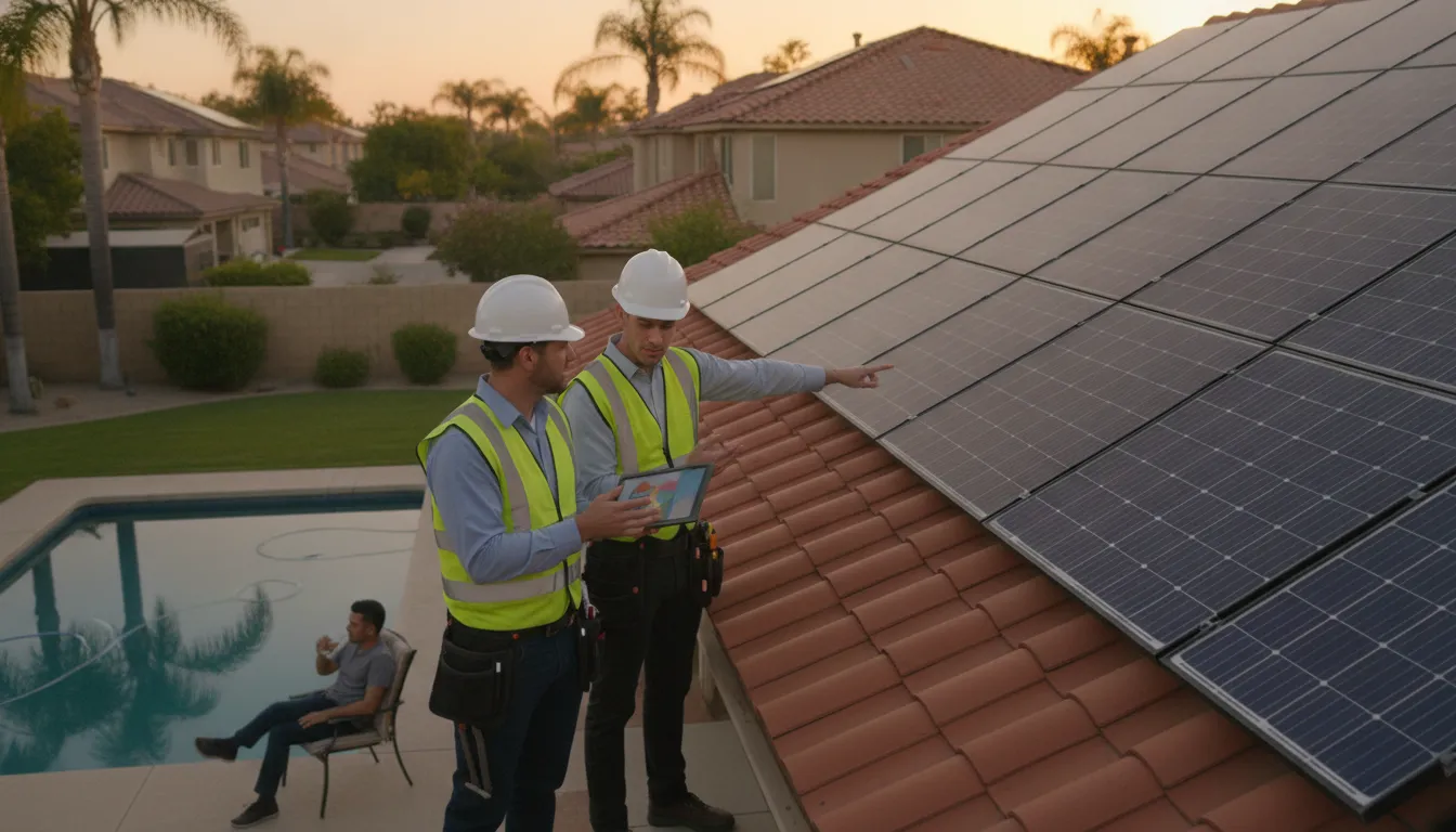 Solar installer and building inspector reviewing newly installed solar panels on a California home