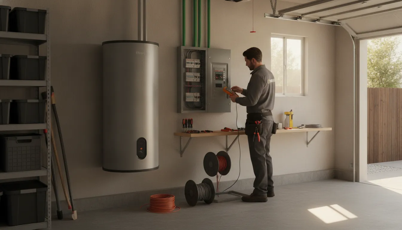 Licensed electrician inspecting an electrical service panel and battery storage unit during a California solar project