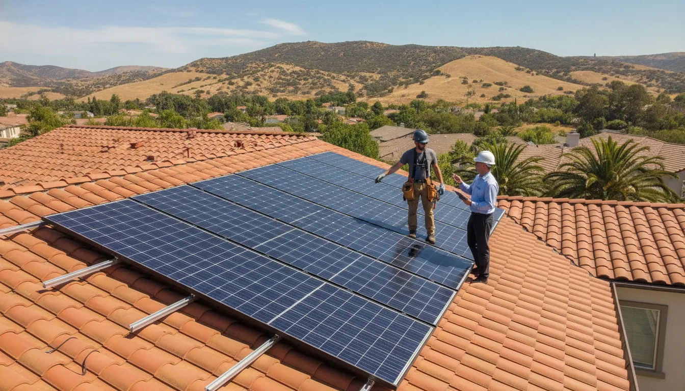 Solar installer and building inspector on a California rooftop reviewing newly installed solar panels and racking