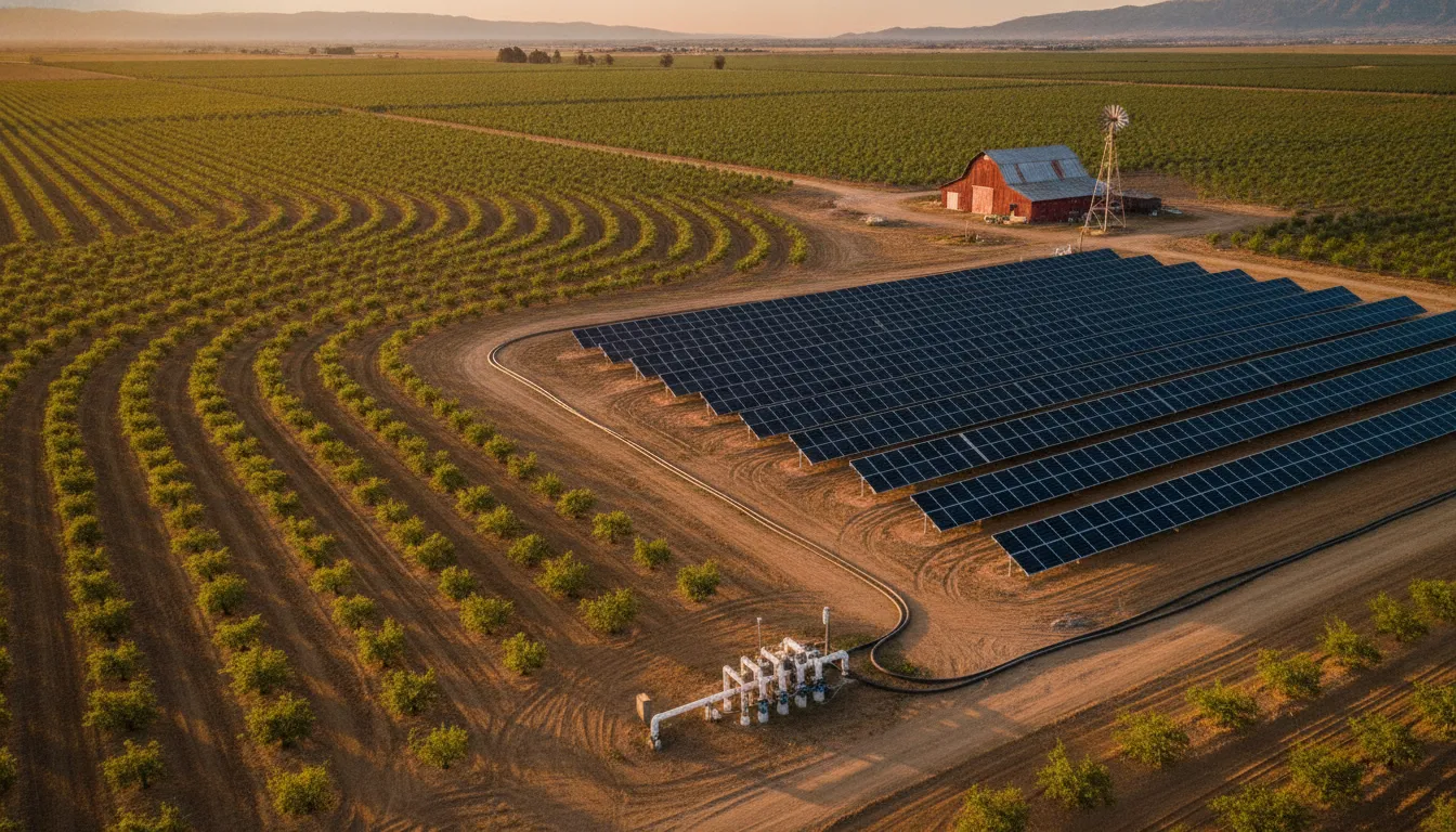 Aerial view of solar panels beside crops on a California farm