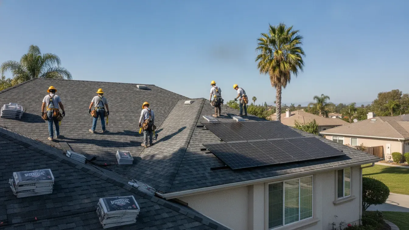 California home with new roof shingles being installed alongside solar panels on a sunny day