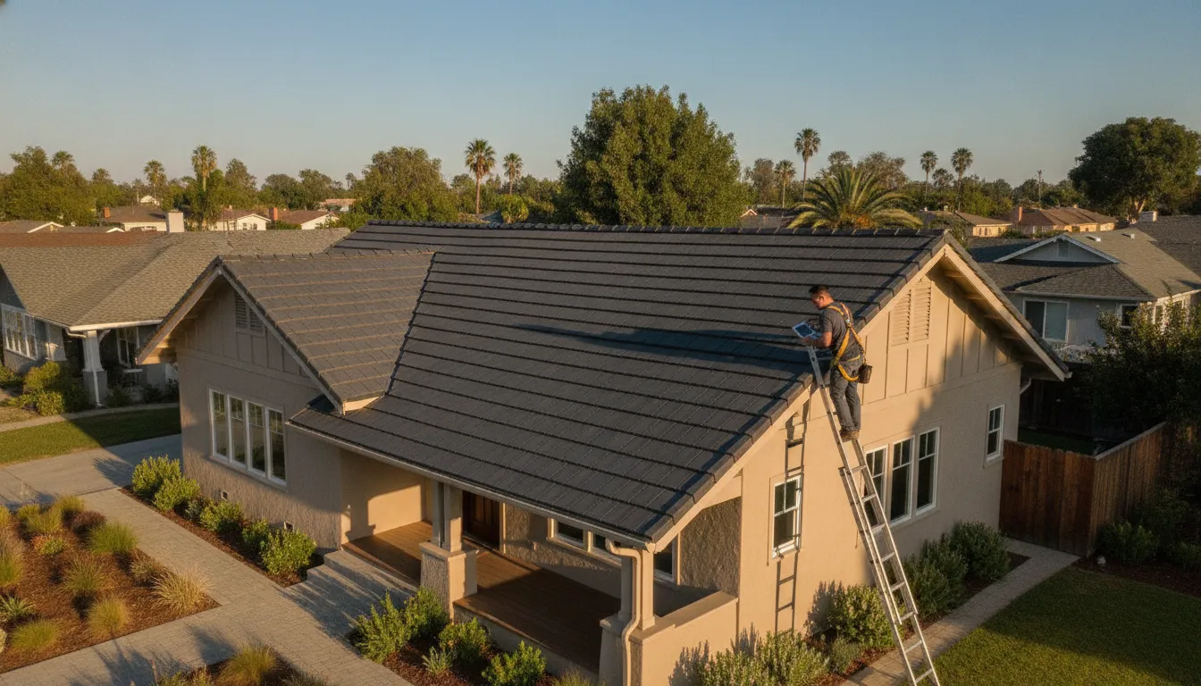California home with integrated solar roof tiles in a clean residential neighborhood