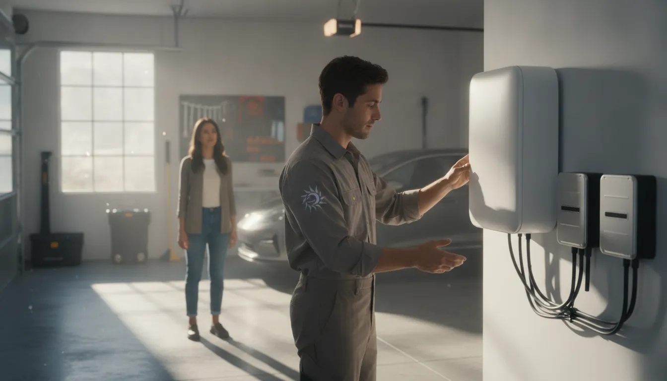 Solar installer inspecting a wall-mounted home battery storage unit beside solar inverter equipment