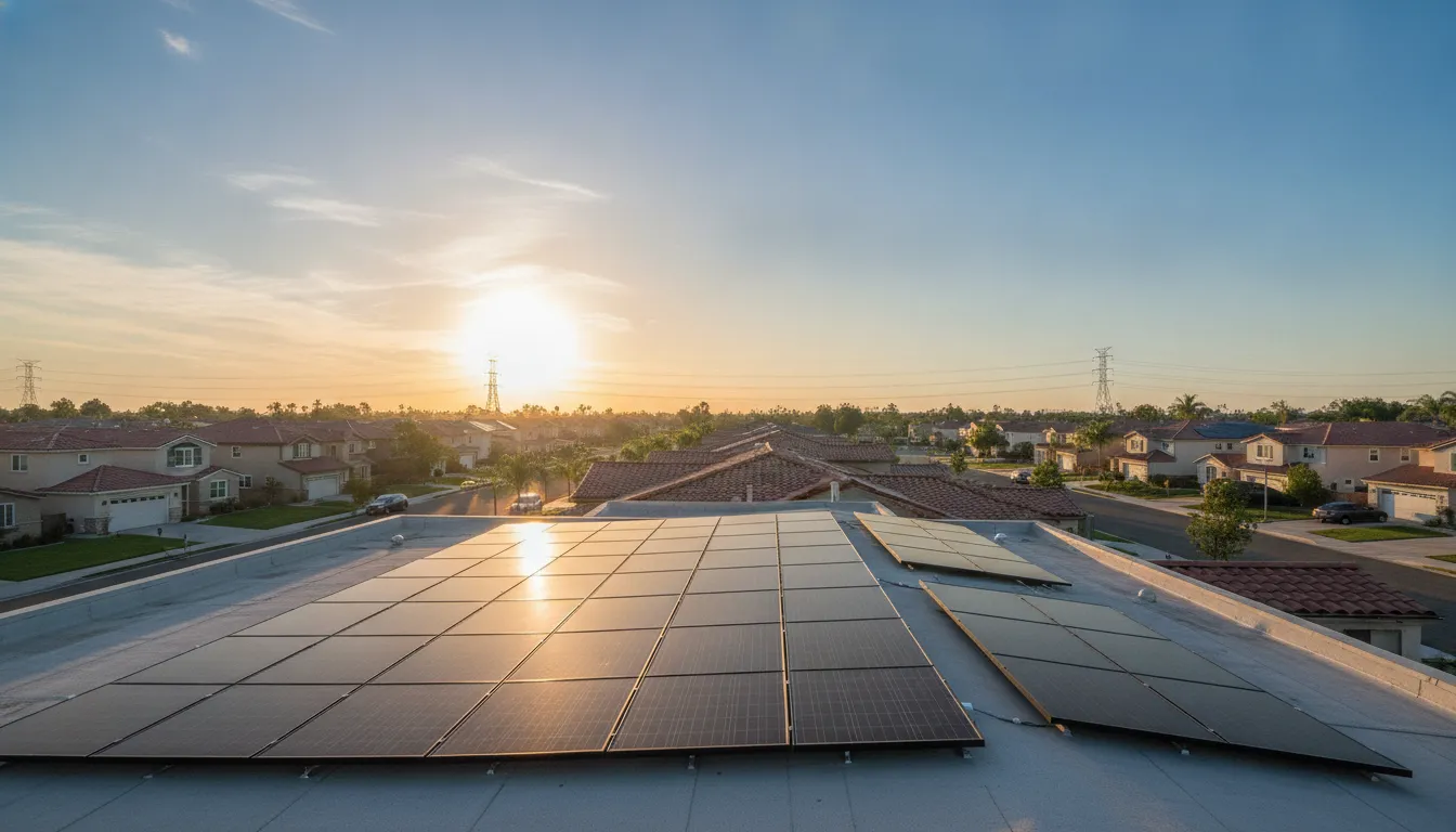 Solar panels on a modern California home connected to the utility grid