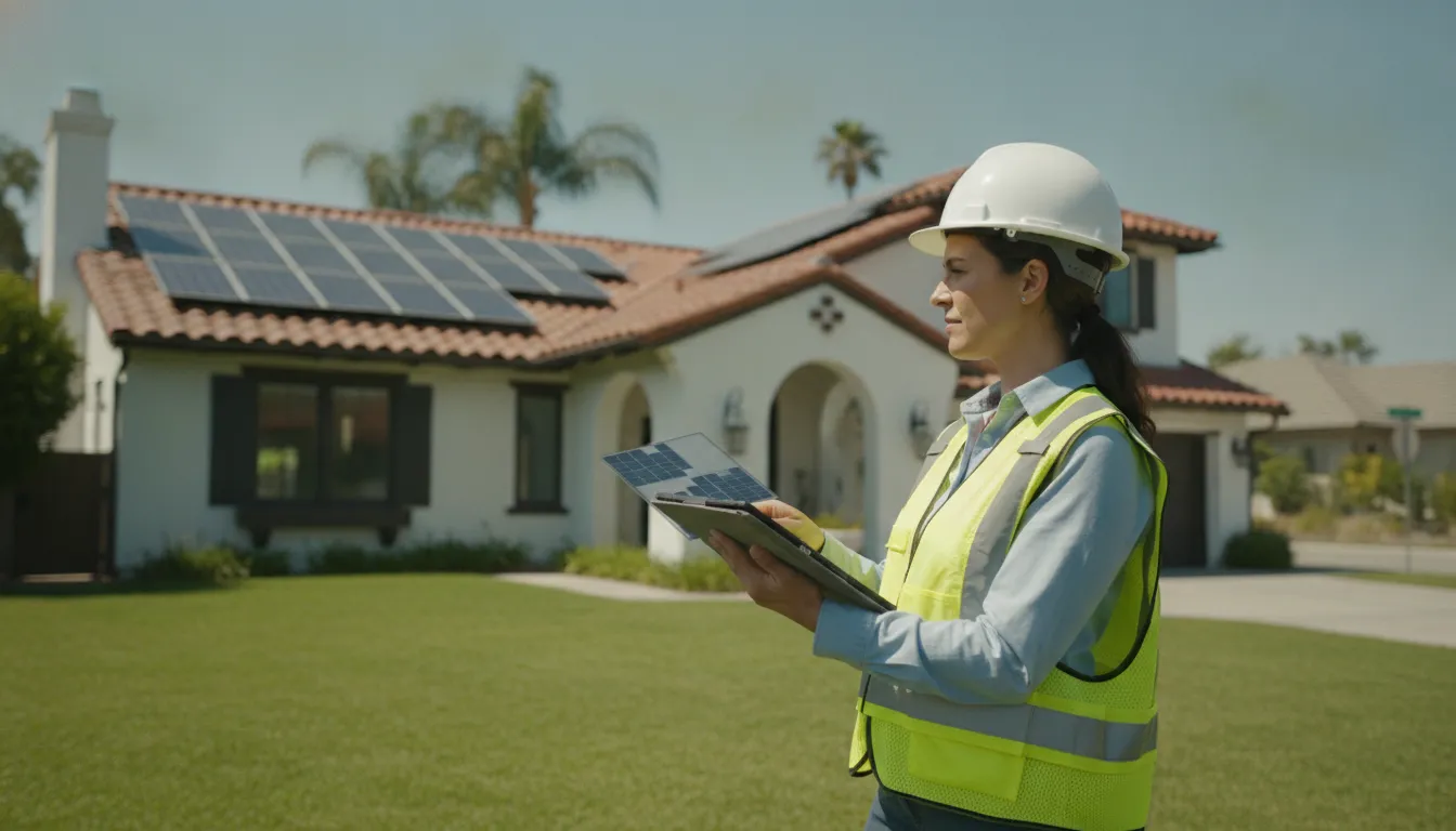Solar design engineer reviewing rooftop panel layout on a California home