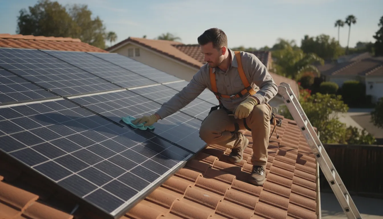 Solar technician inspecting and cleaning solar panels mounted on a California tile roof