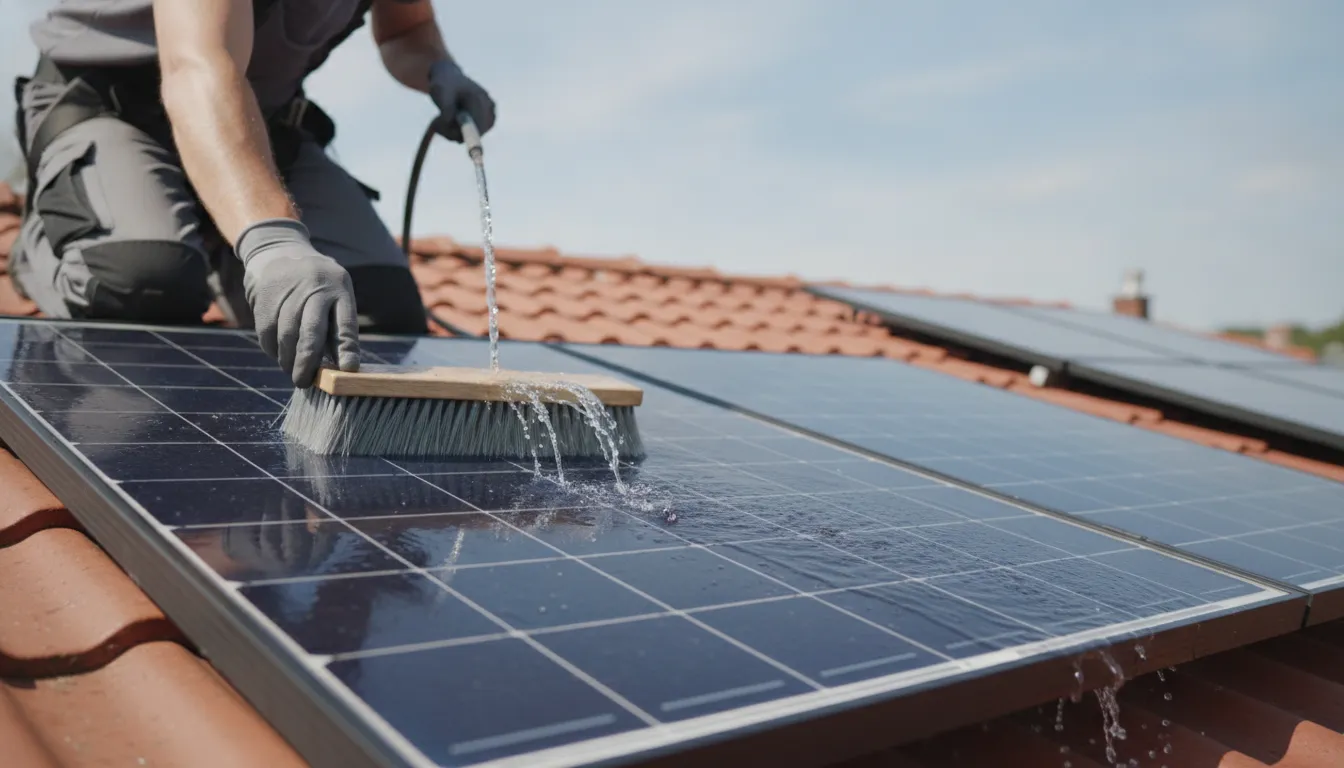 Solar panel maintenance cleaning a rooftop array on a dry California day