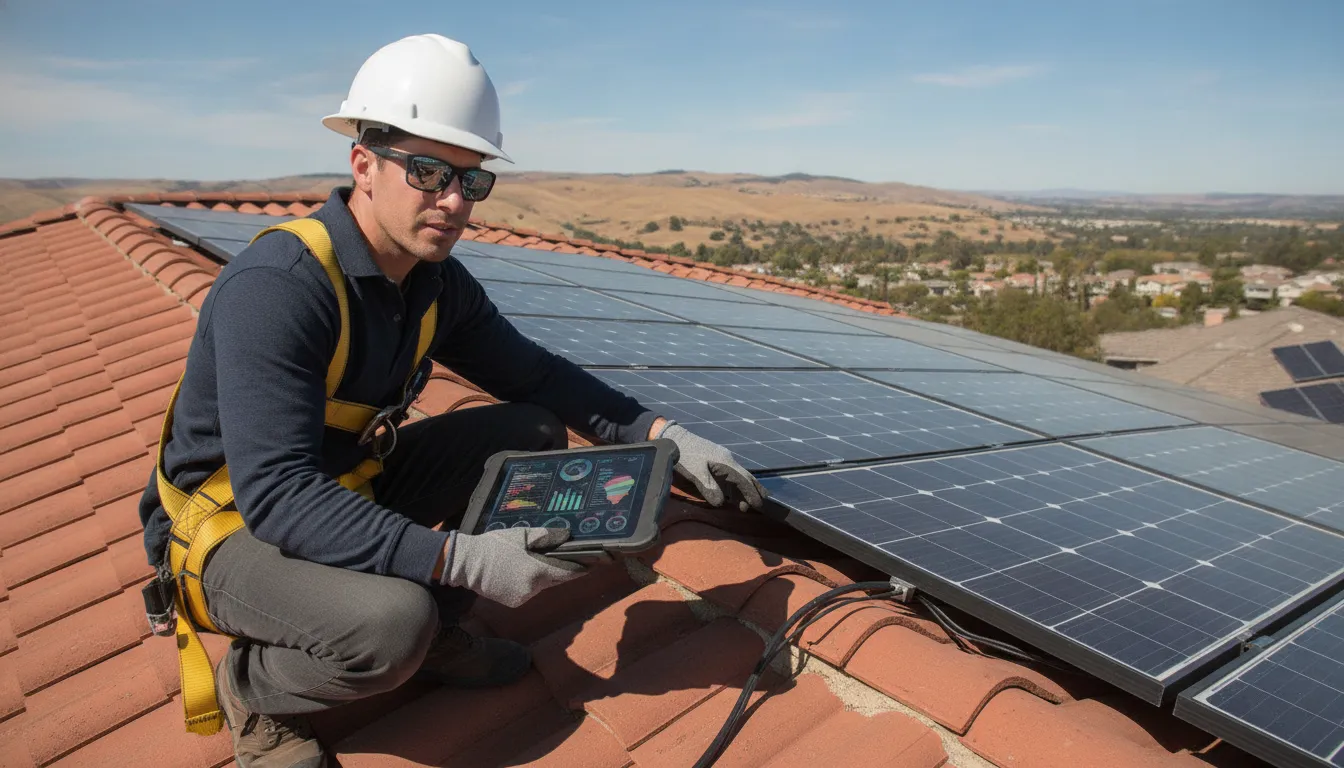 Solar technician testing a panel array mounted on a California tile roof