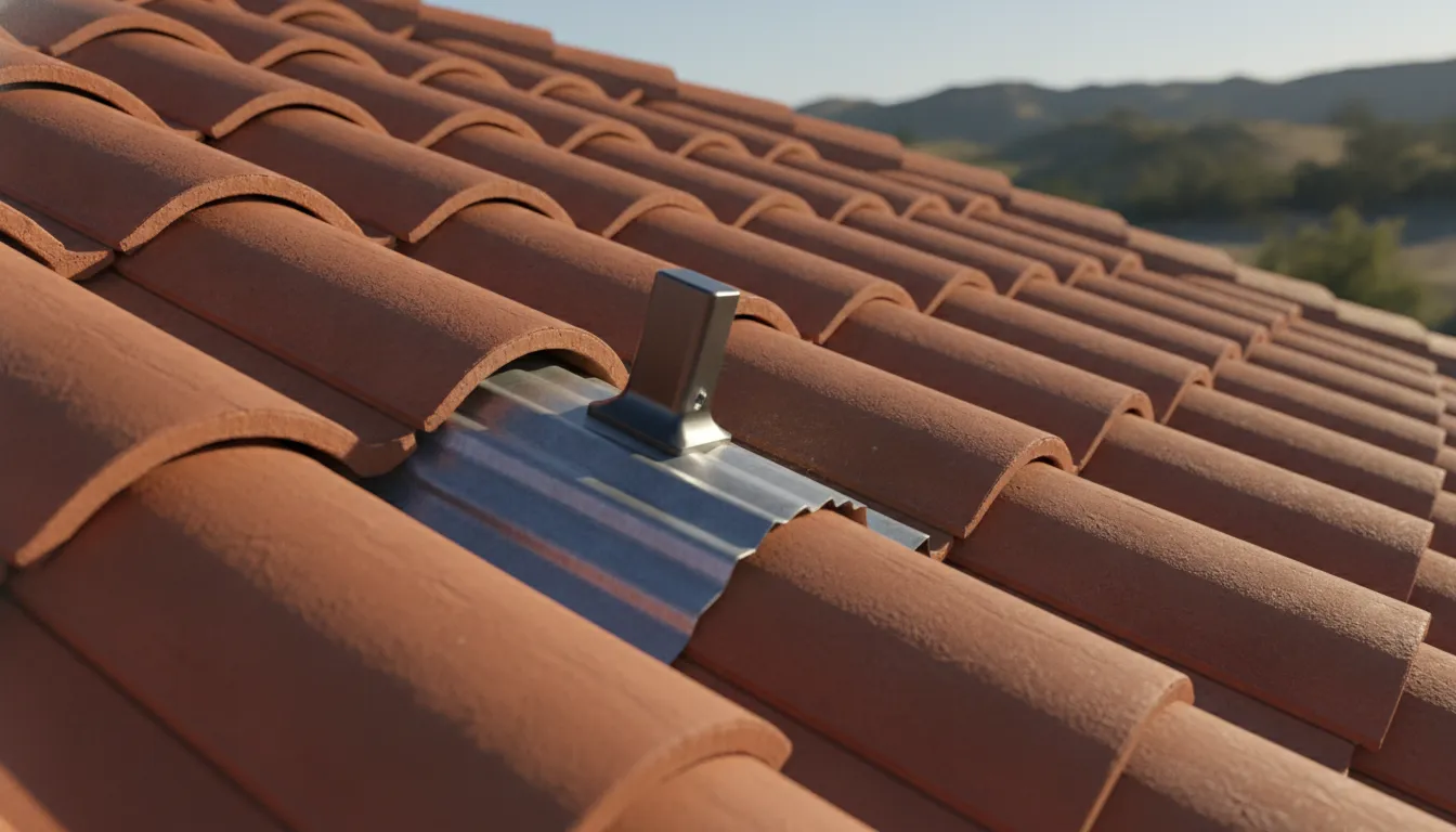 Solar panel mounting hardware fitted around a tile roof