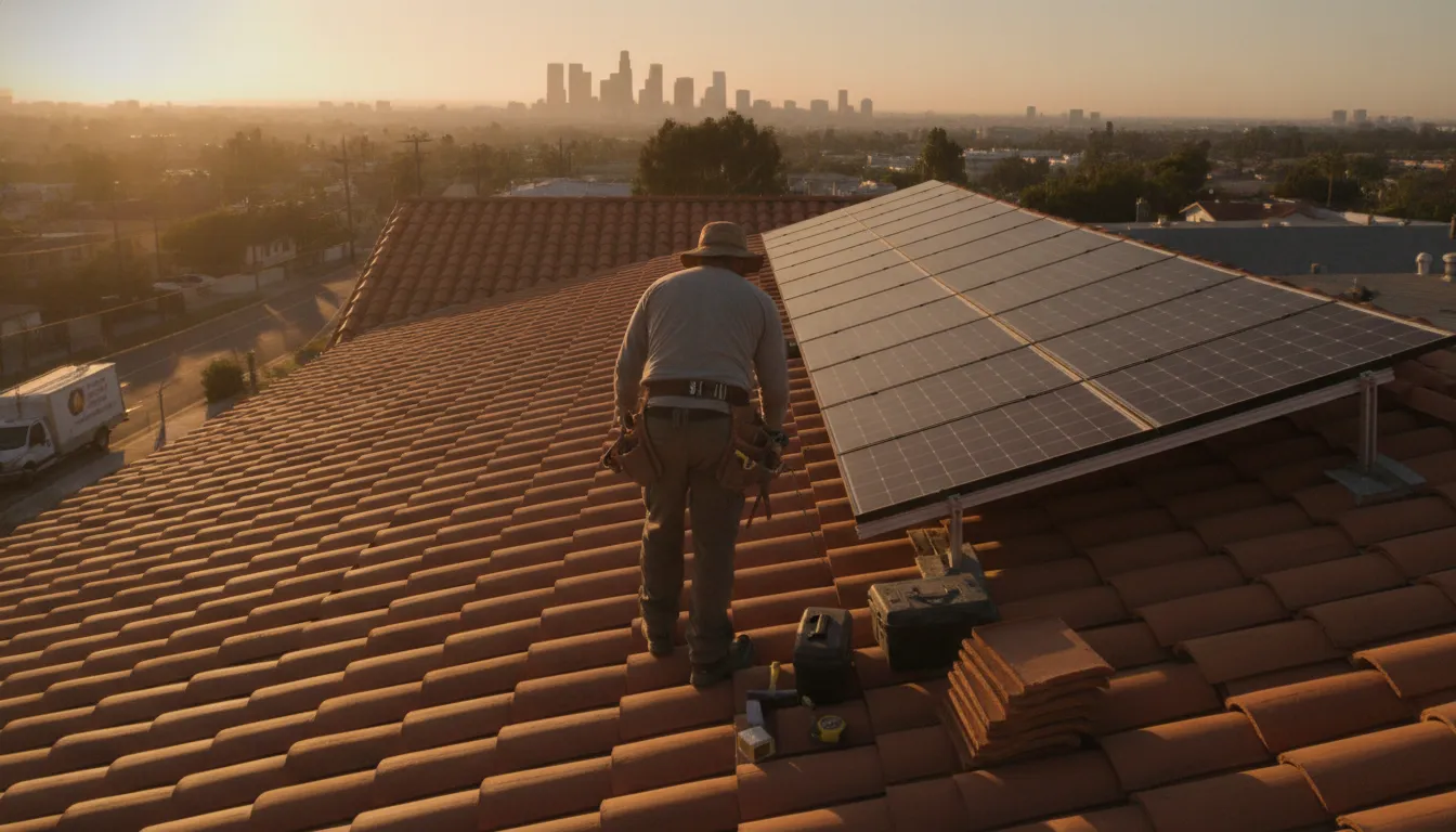 Careful solar installation work on a tile roof